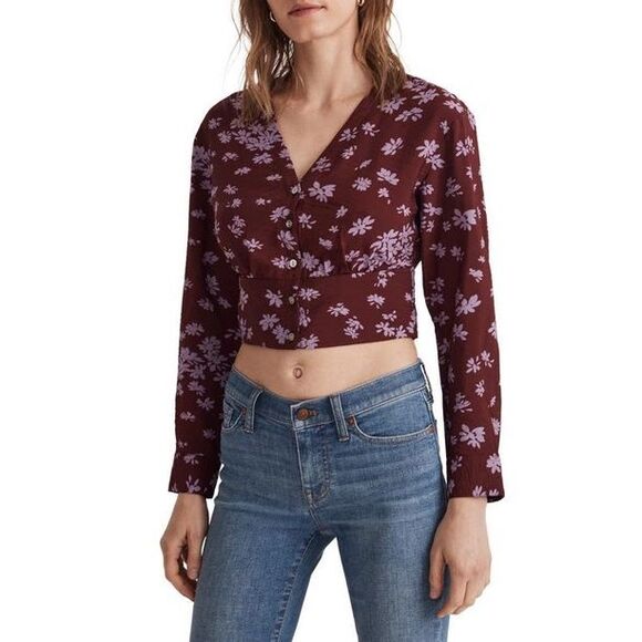 Madewell Burgundy Floral V Neck Button Front Top Sz L Sustainable, Coquette - Picture 1 of 15